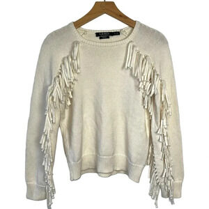Lauren Ralph Lauren Black label sweater ivory long‎ fringe sleeve cotton sweater